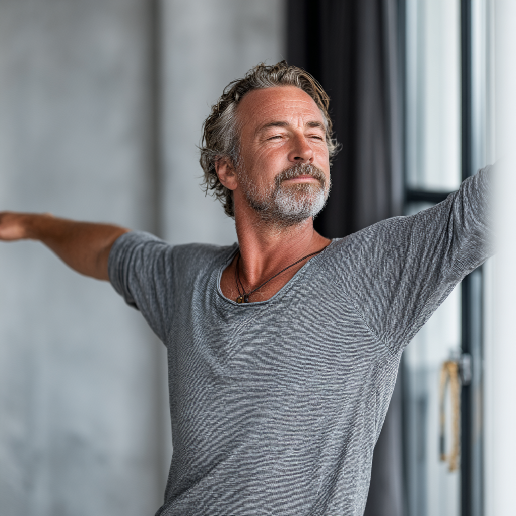 Mature man in his late 40s performing a gentle yoga stretch in a bright studio space, demonstrating mindful movement and proper form