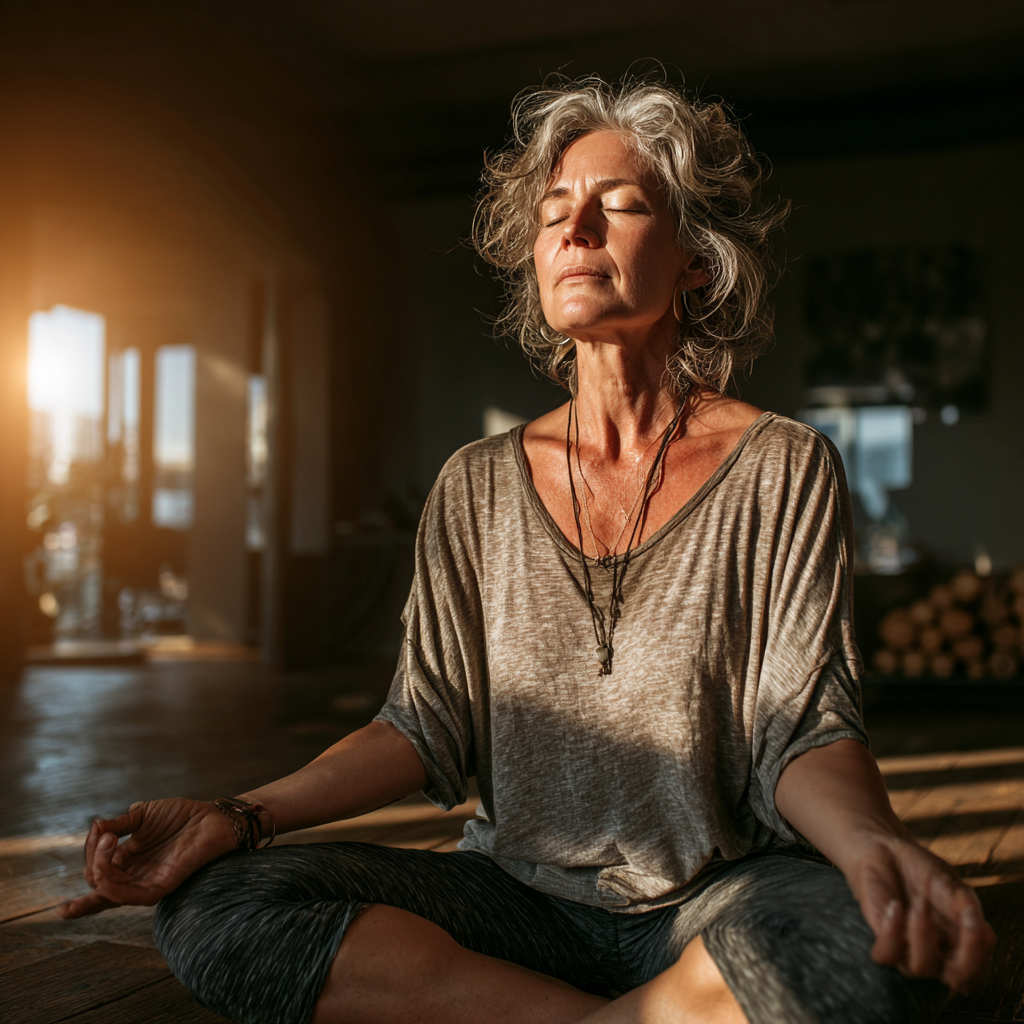 Middle-aged woman in her 50s practicing peaceful yoga meditation pose in a serene studio environment with natural lighting